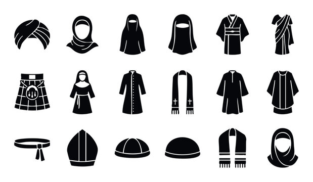 Diverse collection of traditional and religious garments and head coverings representing various cultures and faiths, perfect for educational materials or cultural presentations.