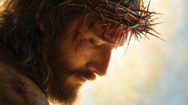 Jesus Christ with the crown of thorns on the cross. Christian and Easter concept of resurrection. Biblical story and spiritual redemption. Oil painting.