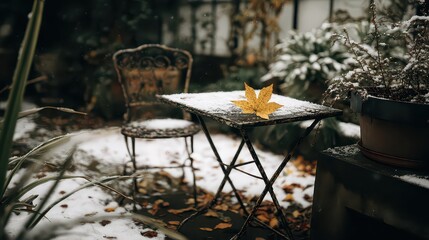 Snowy Garden Table with Yellow Leaf and Ornamental Chair Surrounded by Winter Plants and Evergreen Shrubs in Moody Lighting With Shallow Focus