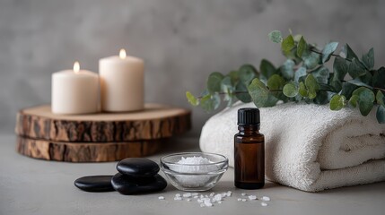 Spa Still Life with Candles Towel and Essential Oil on a Gray Tabletop in Soft Light Featuring Stones Salt and Eucalyptus for Wellness