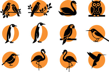 Bird Silhouette Icon Set Featuring Owl Swan Penguin Flamingo Parrot Sparrow and Hummingbird with Orange Sun Circle Background Isolated on White