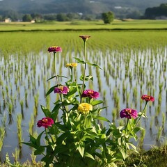 Obraz premium Vibrant flowers blooming in a serene wetland landscape with lush greenery and a distant mountain view