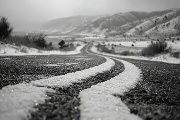 Scenic Winter Road Leading to Distant Mountains Under a Cloudy Sky with Two White Lines and Snow Covered in Selective Focus in Black and White Tone