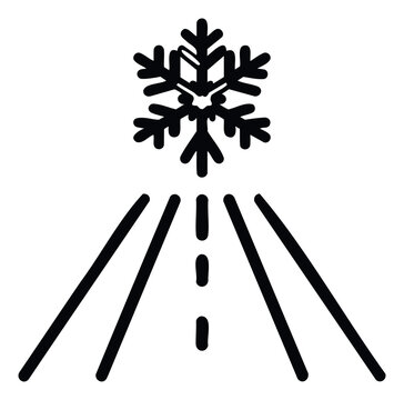 Simple graphic symbol depicting a snowflake hovering over a receding road with lane markings, signifying snowy or icy driving conditions for weather warnings and traffic alerts.