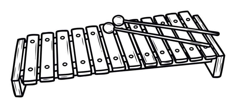 A black and white outline drawing of a classic xylophone percussion instrument with mallets, perfect for educational materials, musical themes, or childrens activity books.