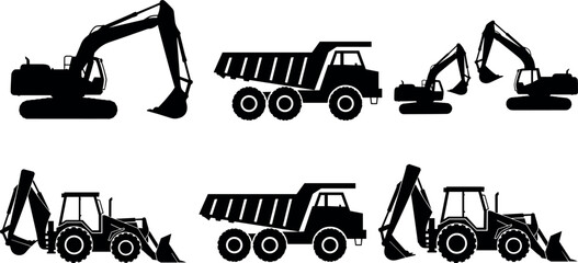 Construction vehicle silhouettes collection featuring excavators, dump trucks, backhoe loaders, heavy earthmoving machinery, industrial transport equipment icons isolated on white background © Emon
