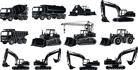 Heavy Construction Machinery Silhouette Collection Featuring Excavators Bulldozers Cranes Dump Trucks Concrete Mixers and Industrial Vehicles Isolated on White Background © Emon