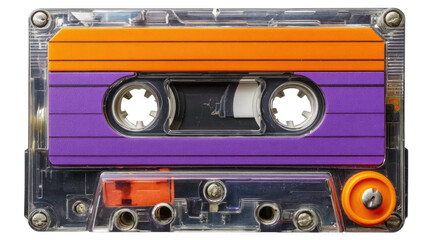 Naklejka premium A retro vintage analogue audio cassette tape with black magnetic plastic housing is isolated on a blank white background as an obsolete stereo music recording technology object