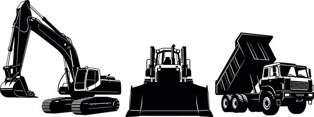 Heavy construction vehicle silhouettes excavator, bulldozer, and dump truck, industrial earthmoving machinery icons for building and infrastructure projects isolated on white background © Emon