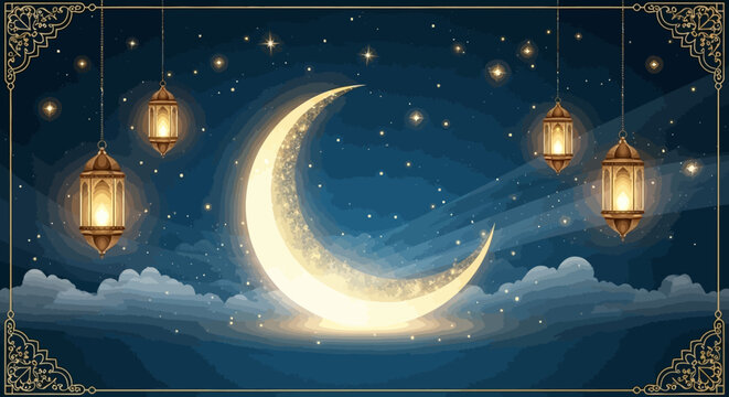 Radiant Golden Crescent Moon and Hanging Ornate Lanterns Against a Starry Night Sky with Ethereal Clouds and Elegant Islamic Border
