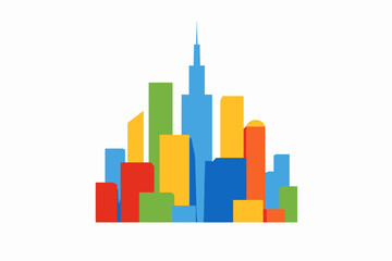 Obraz premium Colorful geometric cityscape with vibrant skyscrapers against white background