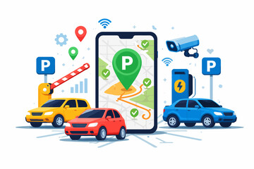 Smart parking technology concept with cars and mobile app navigation