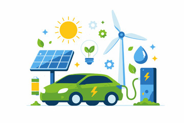 Electric car with solar panel and wind turbine illustrating renewable energy concept