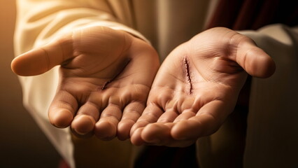 The hand of Jesus Christ. The hands of a man with stigmata. Religious Christ suffering from his wounds. Easter themes, Good Friday, piety, sacrifice, redemption, faith.