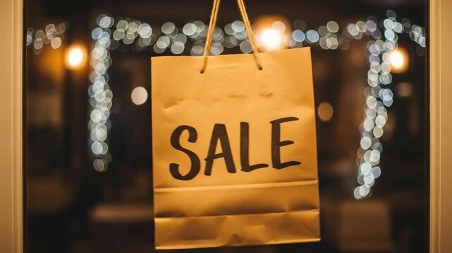 Shopping bag displayed with sale message against bokeh lights