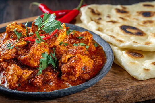 A plate of chicken tikka masala with naan bread on a wooden cutting board