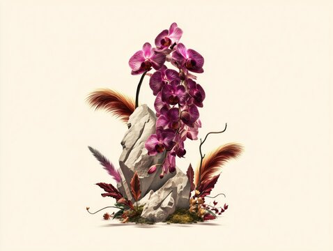 bouquet boda, Orqu&iacute;deas moradas con rocas y plumas decorativas, Composici&oacute;n de orqu&iacute;deas ex&oacute;ticas para un estilo lujoso, Fondo de orqu&iacute;deas premium con espacio para texto ideal para marketing