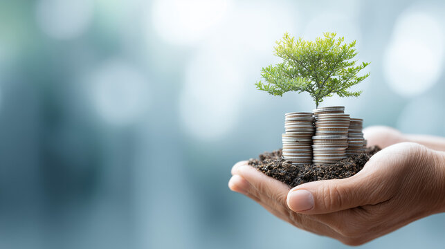 A high-quality financial concept image of cupped hands holding soil with stacked coins and a growing green tree, symbolizing investment, stability, and sustainable growth.