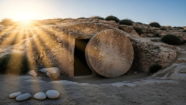 Empty tomb of Jesus with rolling stone door open and bright sun rays. Symbol of resurrection and new life for Christianity, Easter holiday.