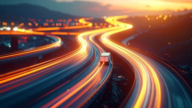 Highway to the Horizon: A single semi-truck travels along a multi-lane highway, its path illuminated by the trails of light from passing vehicles at dusk, symbolizing travel and the open road.