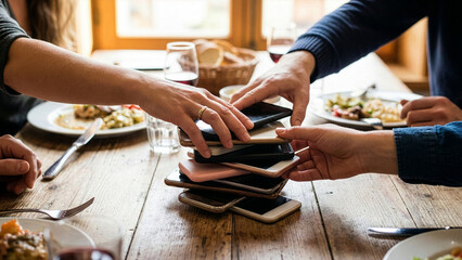 Group hand stack digital detox trust act recession unplugging agreement over phone pile during meal together, friends share mindful connection