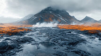 Fototapeta premium Volcanic plain with bubbling lava pools, blackened rocks, and steam vents hissing in the sulfurous air.