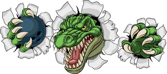 A crocodile, dinosaur or alligator lizard sports mascot holding a bowling ball © Christos Georghiou