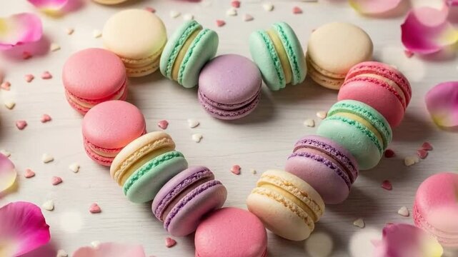 Colorful macarons arranged in heart shape on white surface
