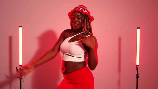 Happy woman with braids dancing rhythmically in a studio with red neon lights. Energetic performance of modern afrodance choreography