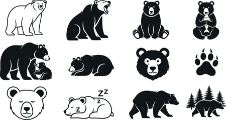 Bear silhouettes and illustrations collection featuring grizzly and black bears, sleeping, walking, roaring poses, paw print, wildlife animal icons isolated on white background © Jomila