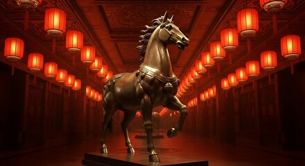Traditional Chinese Spring Festival 2026 Concept with Gold Horse Symbol and Lucky Red Elements. 2026 Lunar New Year Background with Golden Zodiac Horse and Traditional Red Lanterns