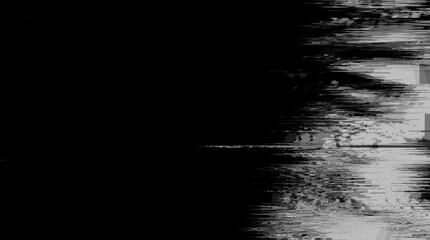 Distorted monochrome glitch lines, digital noise, pixelated overlay effect in black white. Y2K, 90s cyber style, acid glitch, CRT distortion. Digital art, posters, futuristic visuals, creative banner © Aleksandra Konoplya