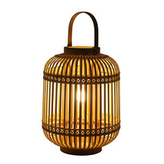Glowing bamboo lantern with handle against dark background light
