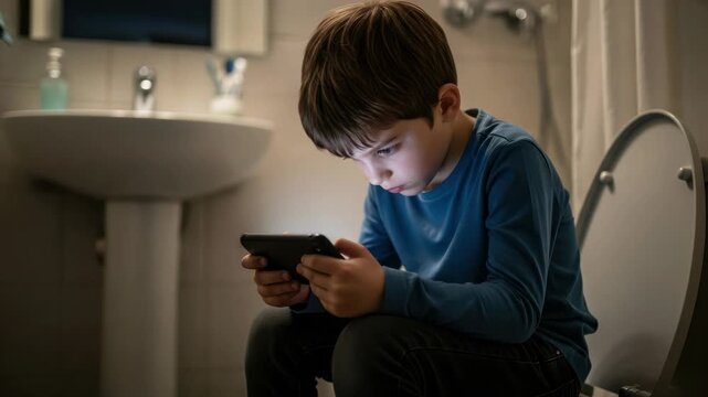 Young boy engrossed in smartphone while sitting on toilet in bathroom