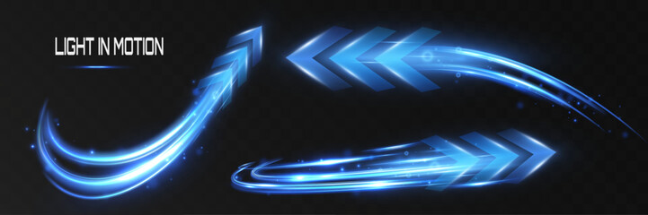 Fototapeta na wymiar Set of futuristic glowing blue arrows with curved light trails on a dark transparent background, representing speed, direction, motion, energy, technology, and forward movement. 