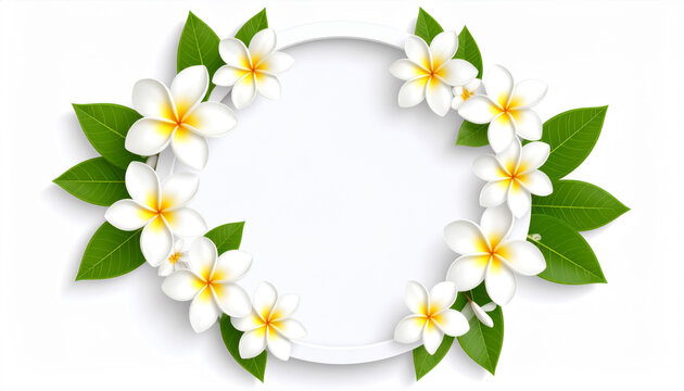 3D Realistic White Circle Frame with Frangipani Flowers and Green Leaves Isolated on White Background