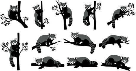 Cute red panda illustrations collection showing playful and sleeping poses on tree branches, wildlife animal cartoon icons set isolated on white background © Jomila