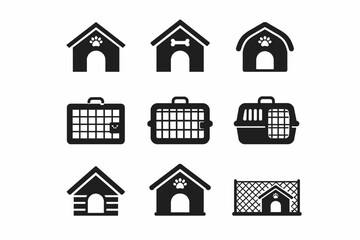 Dog houses and pet carriers icons set