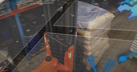 Displaying shrink-wrapped pallet sitting on wood pallet in warehouse, with orange jack and AR grid