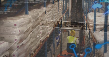 Operating orange picker in yellow helmet and vest in warehouse aisle with blue racks under overlay
