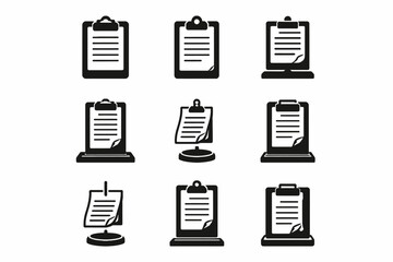 Collection of black and white document icon variations on clipboards and stands