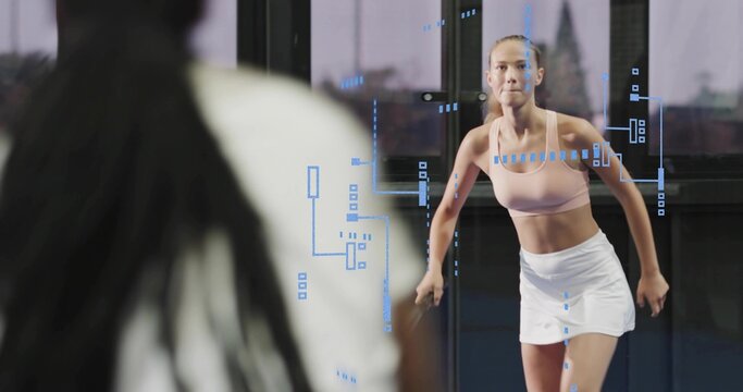 Preparing female athlete executing low lunge on court, wearing pink sports bra, white skirt, HUD