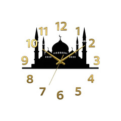 Gold clock face with black background and architectural silhouette numbers hands