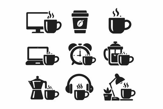 Coffee and technology icons: brewing and working in harmony