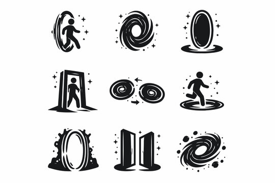 Black and white icon set of portals and wormholes with human figures