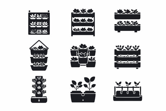 Black and white silhouettes of vertical garden planter designs