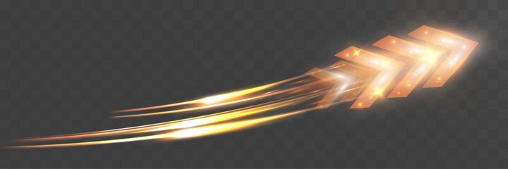 Obraz na płótnie Canvas Glowing golden arrow light trails with sparkling particles on a transparent dark background, symbolizing speed, direction, energy, progress, and dynamic motion. 