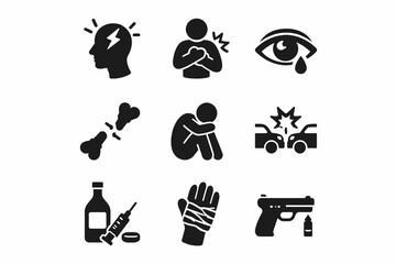 Set of pictograms representing pain, injury, and emergency situations