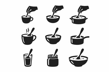 Fototapeta premium Set of black and white icons for stirring various food and drink containers
