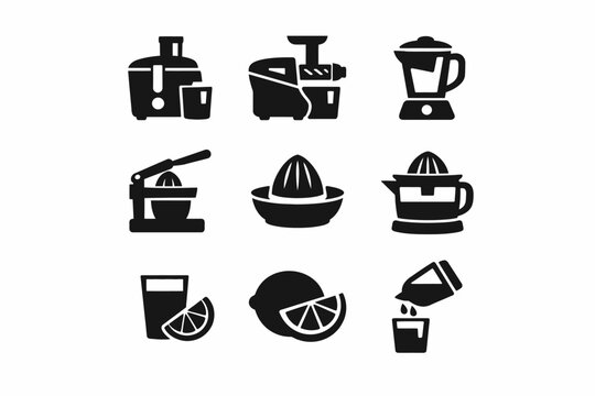 Collection of juicing and blending icons including juicer, blender, and citrus press